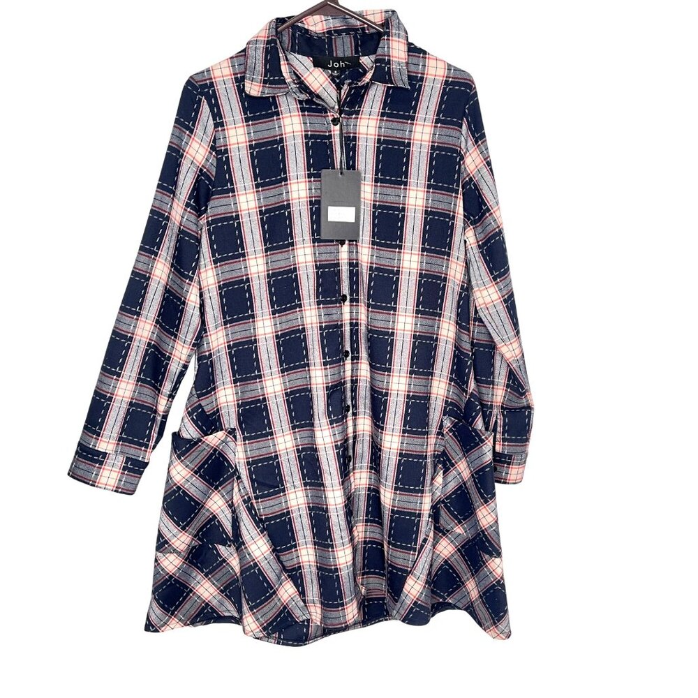 Joh Apparel Tunic Shirt Dress Plaid Blue Red Cream Size S